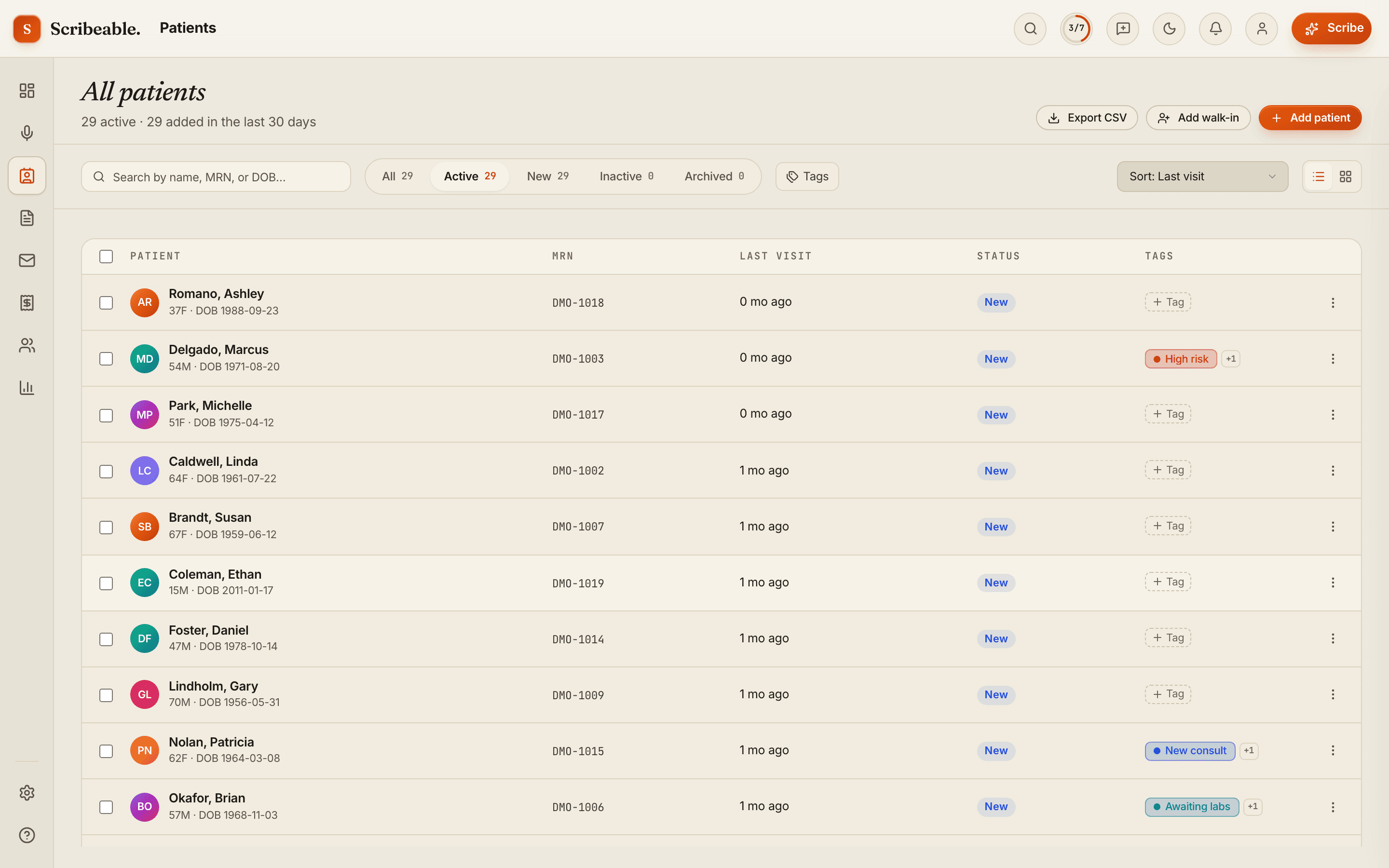 Scribeable patients screen: a sortable list of patients with MRN, last visit, status, and tags like “High risk” and “Awaiting labs.”