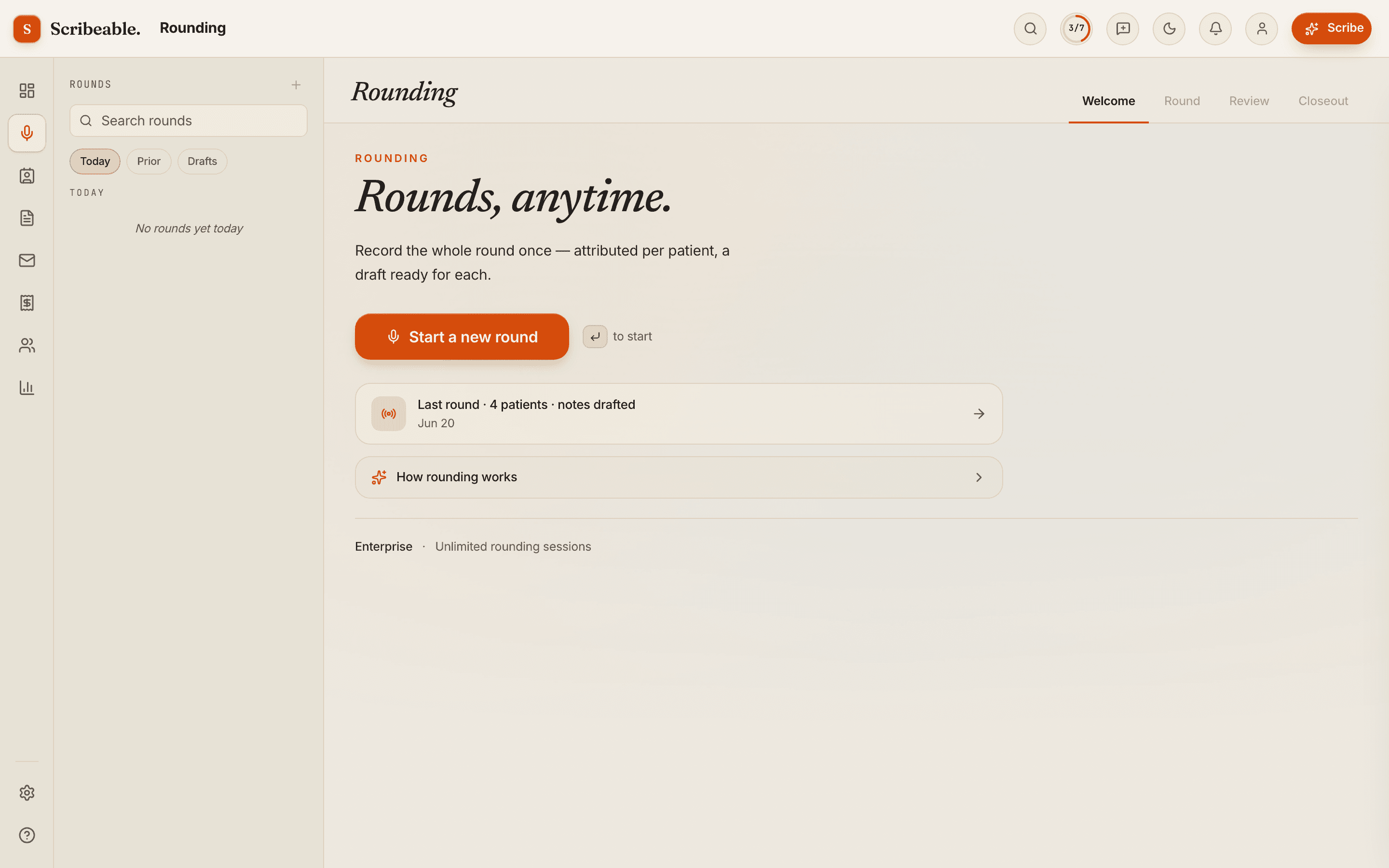 Scribeable Rounding Mode welcome screen: “Rounds, anytime” with a Start-a-new-round button and a previous round of four patients with notes drafted.