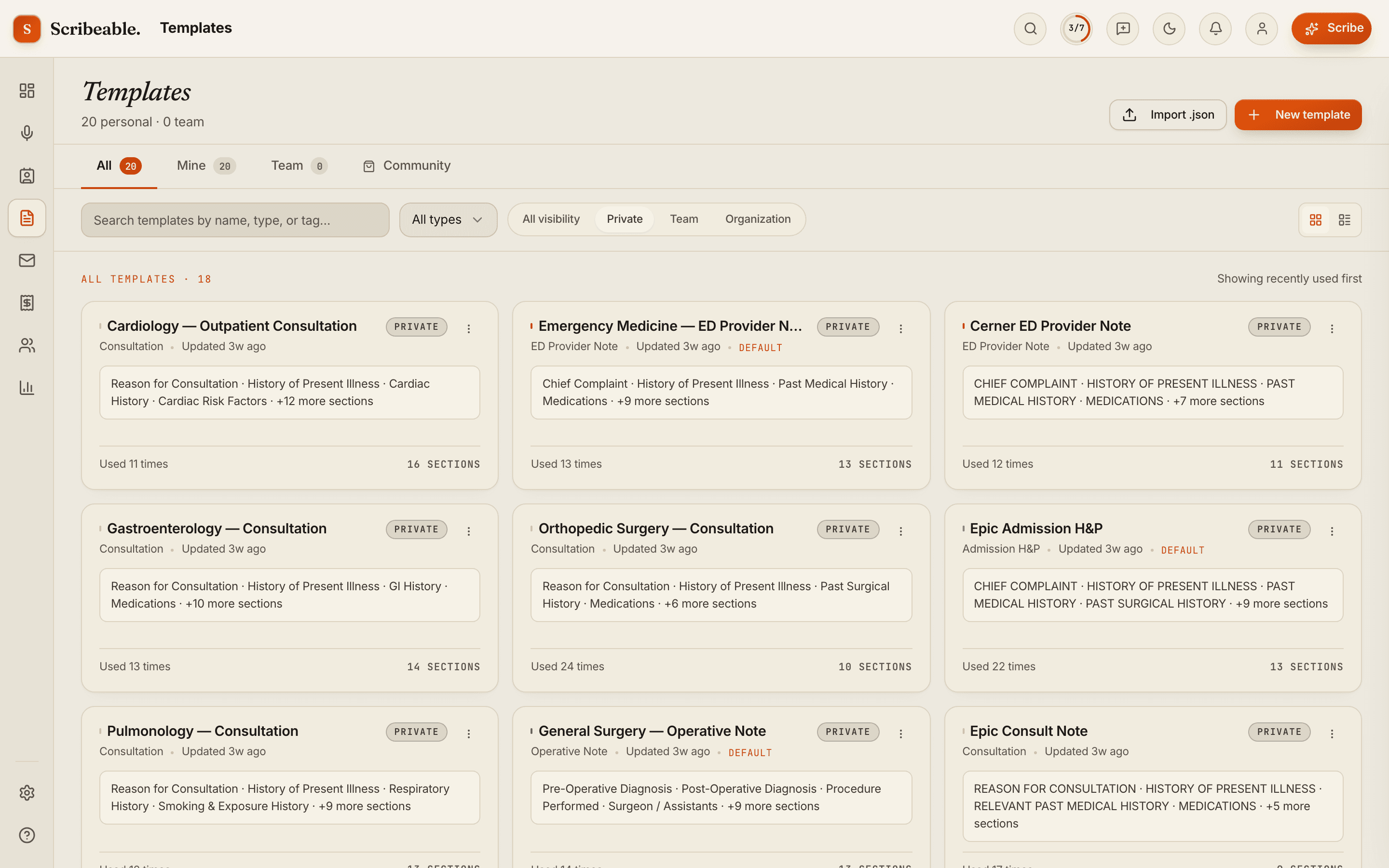 Scribeable template library: cards for specialty note templates such as cardiology consultation and Epic admission H&P, each listing its sections.