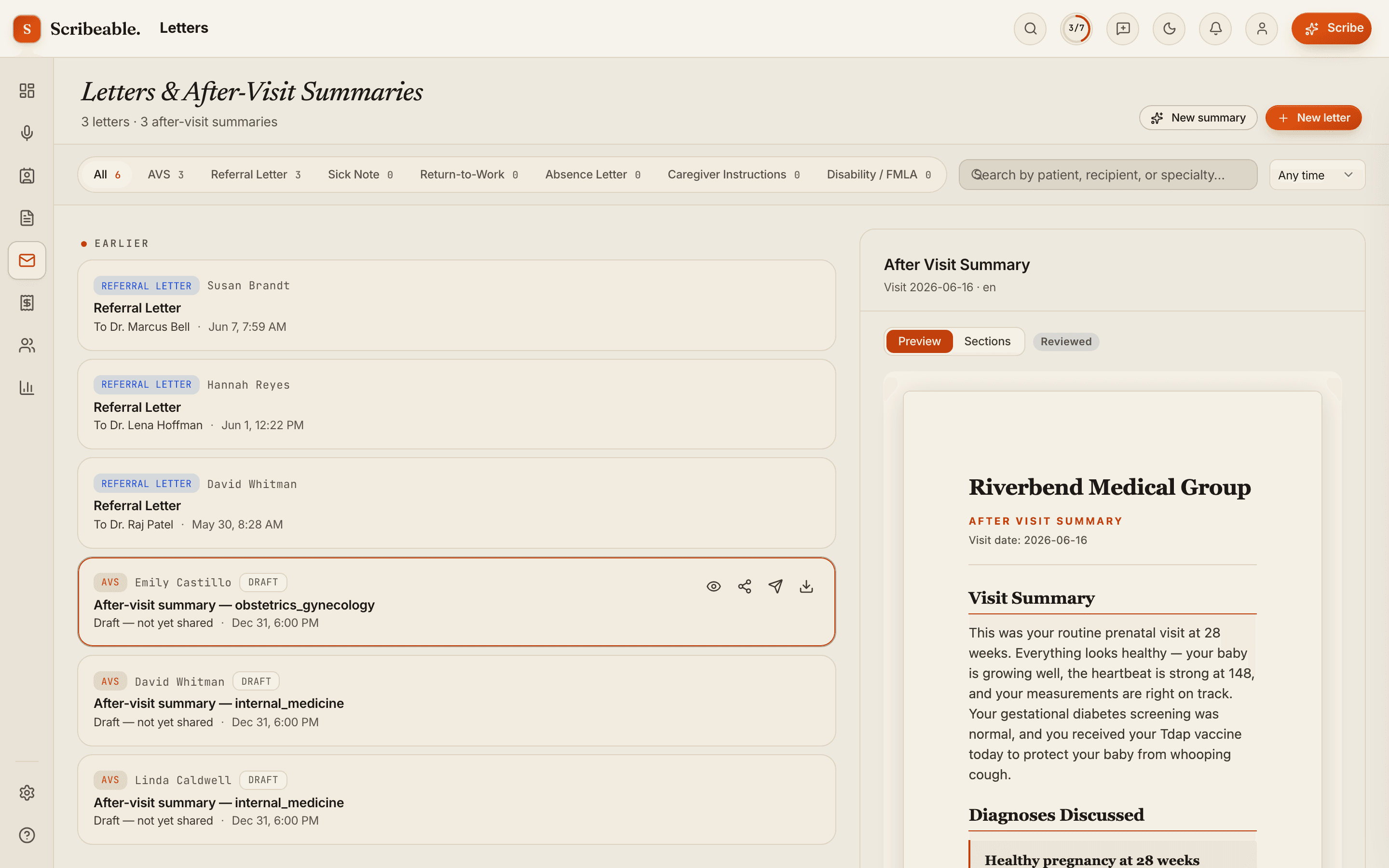 Scribeable letters screen: referral letters and after-visit summary drafts in a list, with an after-visit summary open in the preview pane on demo-practice letterhead.